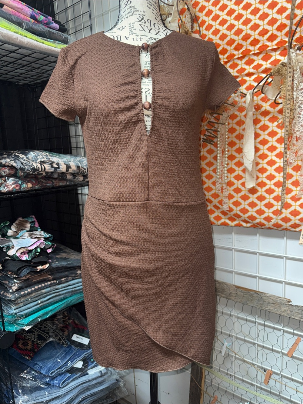 Divided Brown Textured Mini Dress with Button Keyhole